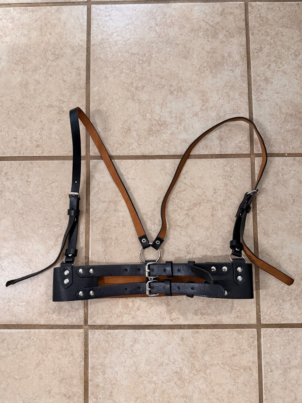 EUC Black Leather Harness Belt / Double Buckle Waist Belt